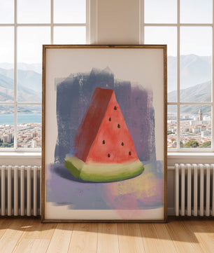 Ilustración en acuarela de una rodaja de sandía con fondo abstracto