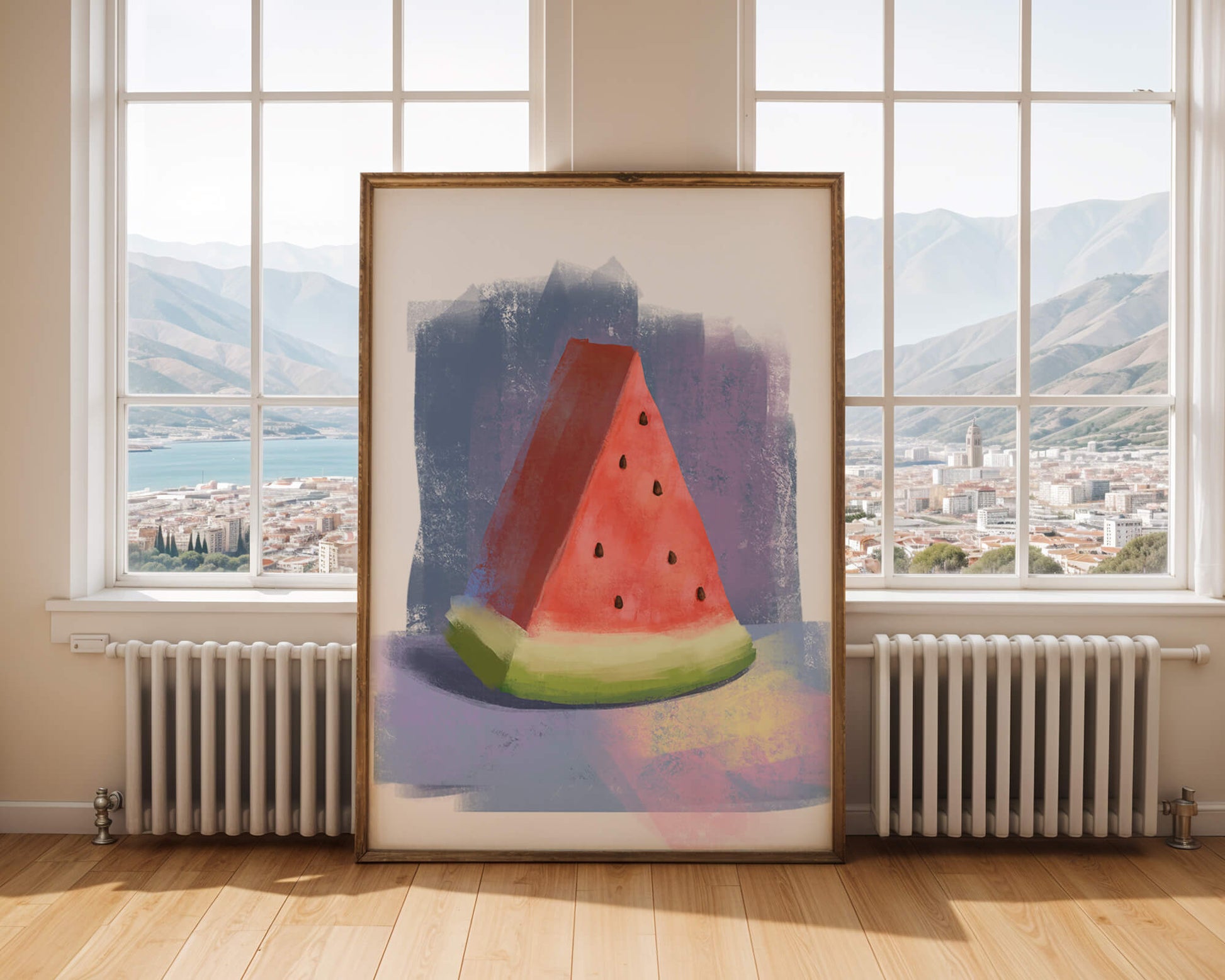 Watercolor illustration of a watermelon slice with abstract background