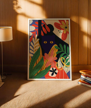 Ilustración abstracta colorida con un gato y patrones florales