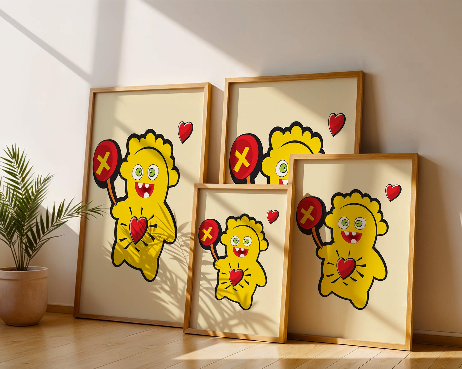 Colorful cartoon character with heart and playful design