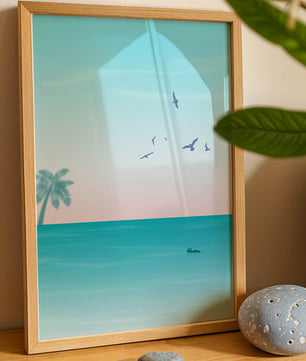 Serene Beach Landscape with Palm Trees and Seagulls at Sunset