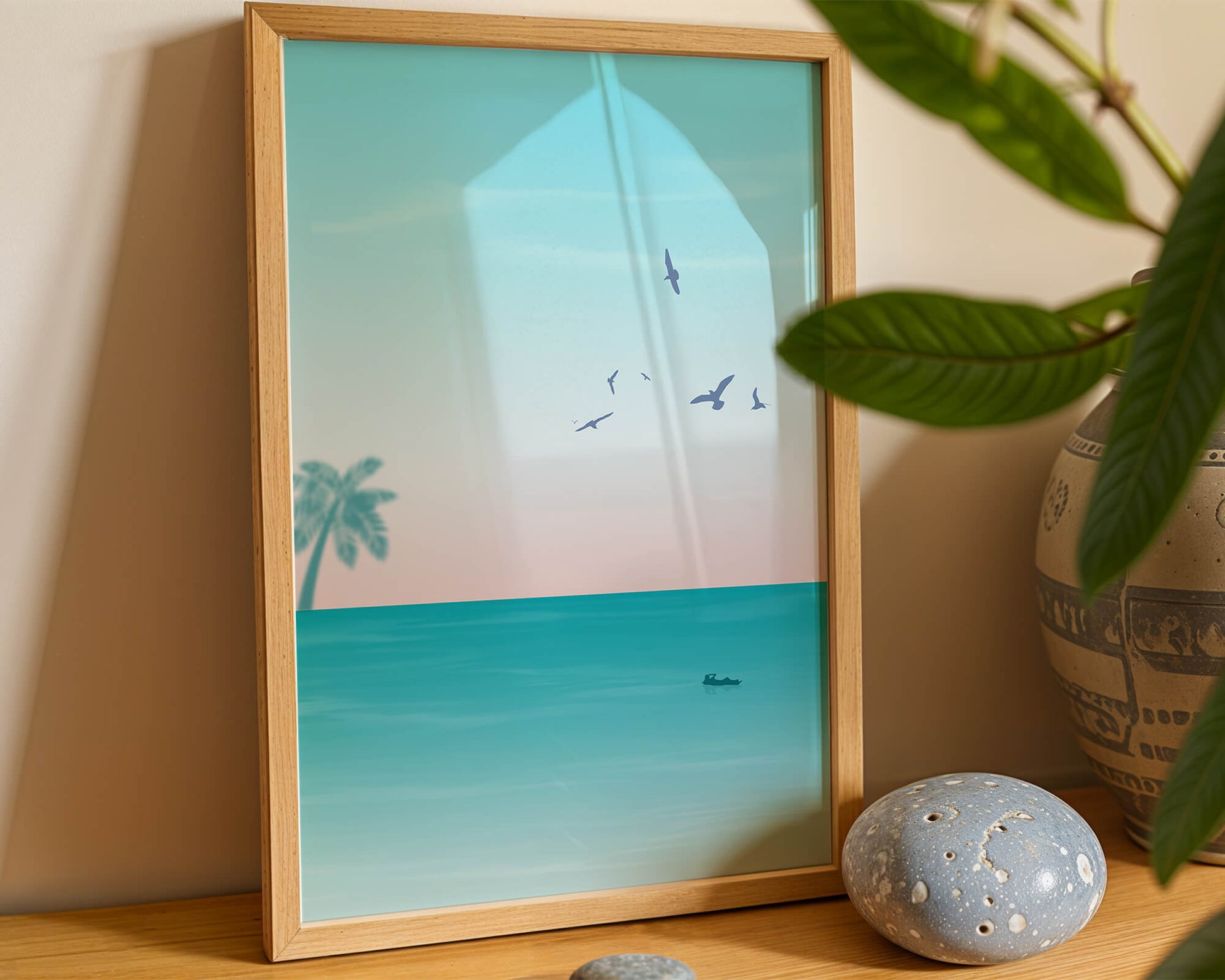 Serene Beach Landscape with Palm Trees and Seagulls at Sunset