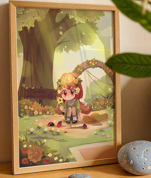Charming anime-style scene with young girl, flowers, and nature background
