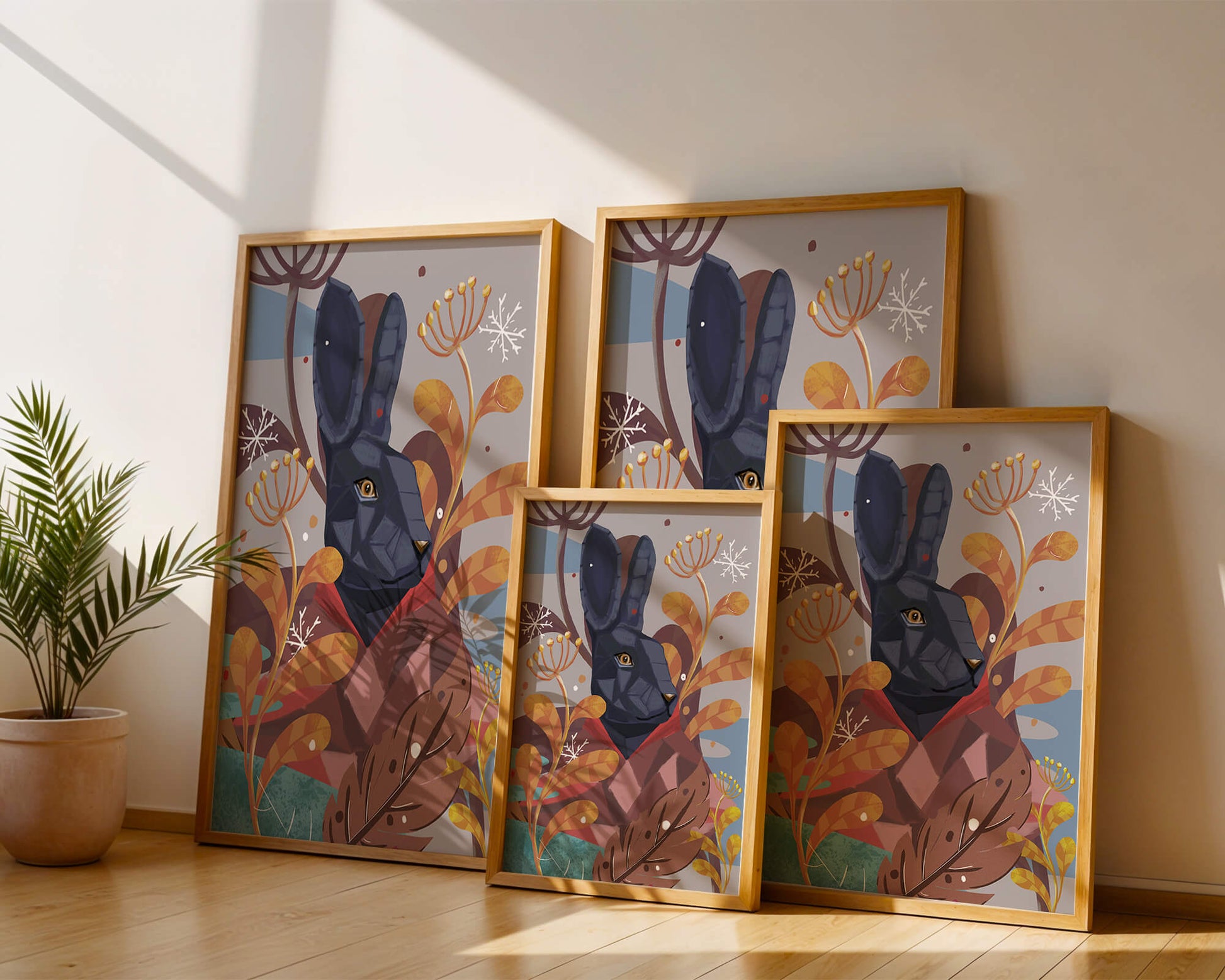 Abstract geometric rabbit in a vibrant autumn floral setting