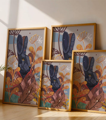 Abstract geometric rabbit in a vibrant autumn floral setting