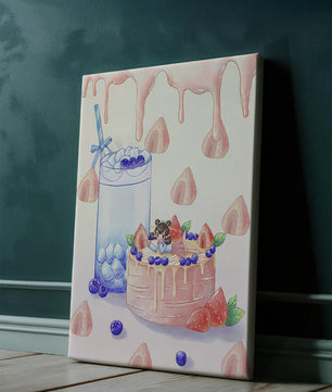 Escena de postre caprichosa con pastel y bebida con acentos juguetones