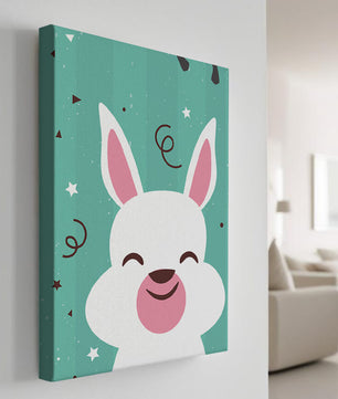 Adorable cartoon bunny on teal background with playful elements