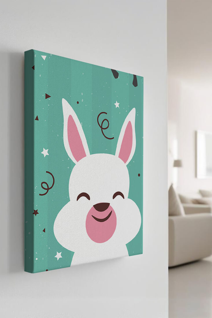 Adorable cartoon bunny on teal background with playful elements