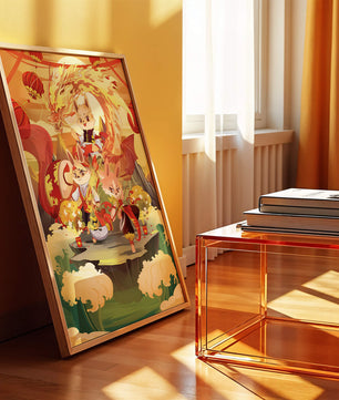 Fantastical scene with anthropomorphic animals and a dragon in a vibrant setting
