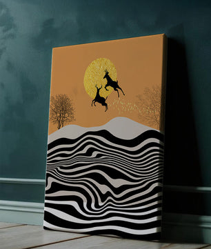 Abstract landscape with jumping deer and golden sun
