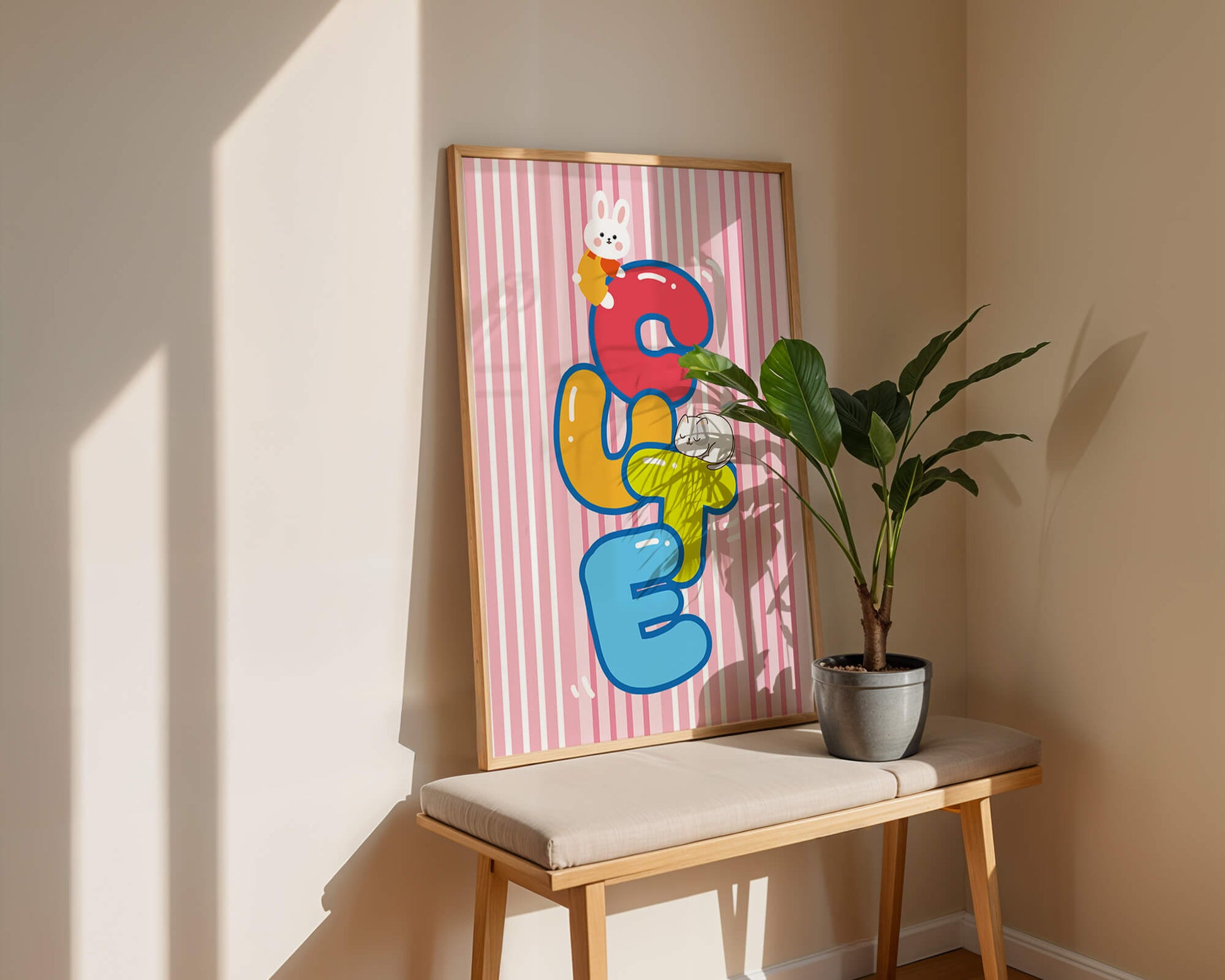 Playful cute illustration with bunny and kitten on colorful letters