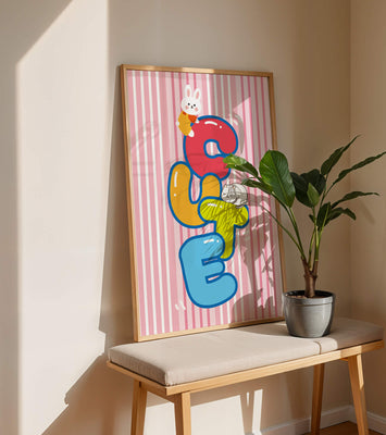 Playful cute illustration with bunny and kitten on colorful letters