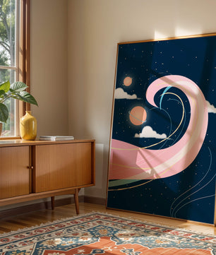 Cosmic Waves and Planets with Whimsical Pink Swirls and Stars - Mi tienda