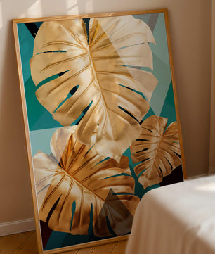 Blätter der Goldenen Monstera auf geometrischem Hintergrund