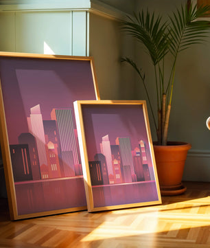 Modern Abstract Cityscape at Sunset with Reflective Water - Mi tienda