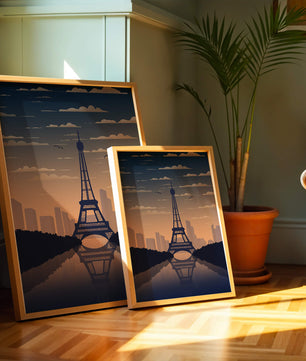 Vista escénica de la Torre Eiffel al anochecer con reflejo del horizonte urbano