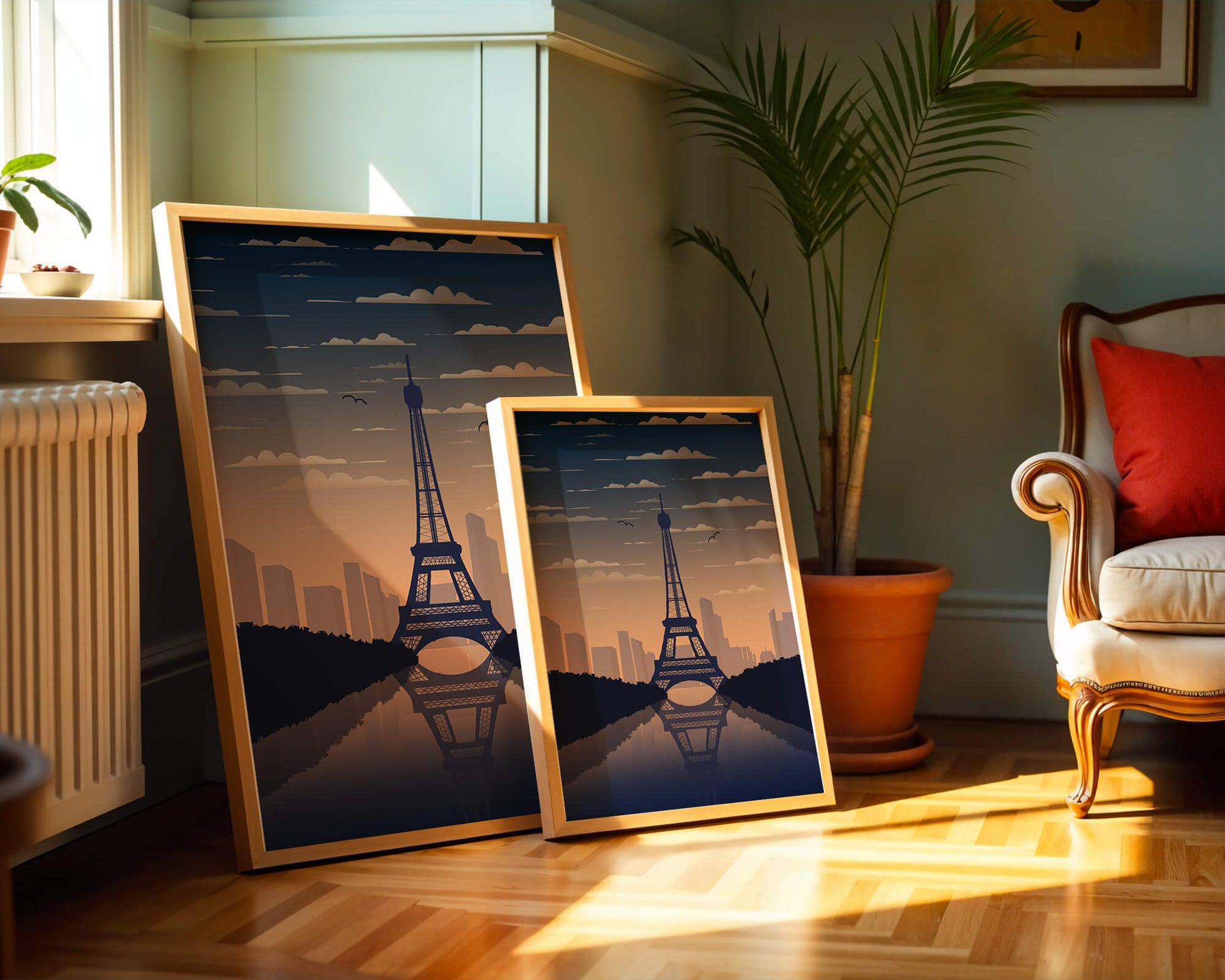 Scenic view of the Eiffel Tower at dusk with city skyline reflection