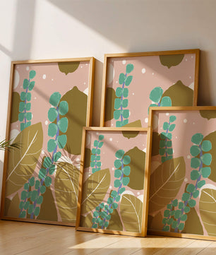 Diseño botánico abstracto con hojas verdes y doradas.