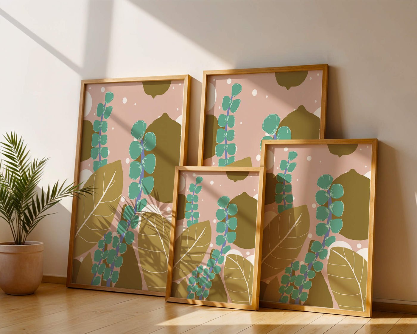 Abstract botanical design with green and golden leaves