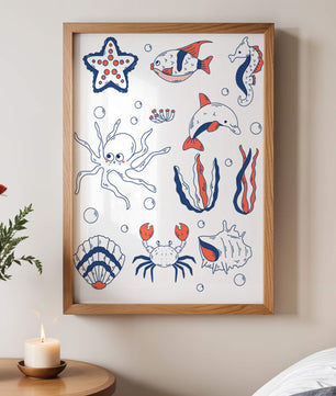 Colorful marine life illustration featuring sea creatures on a dark background