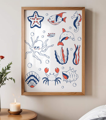 Colorful marine life illustration featuring sea creatures on a dark background