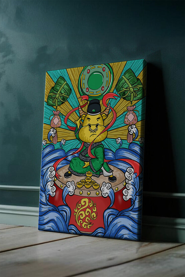 Colorful illustration of a mythical creature with traditional elements and vibrant colors