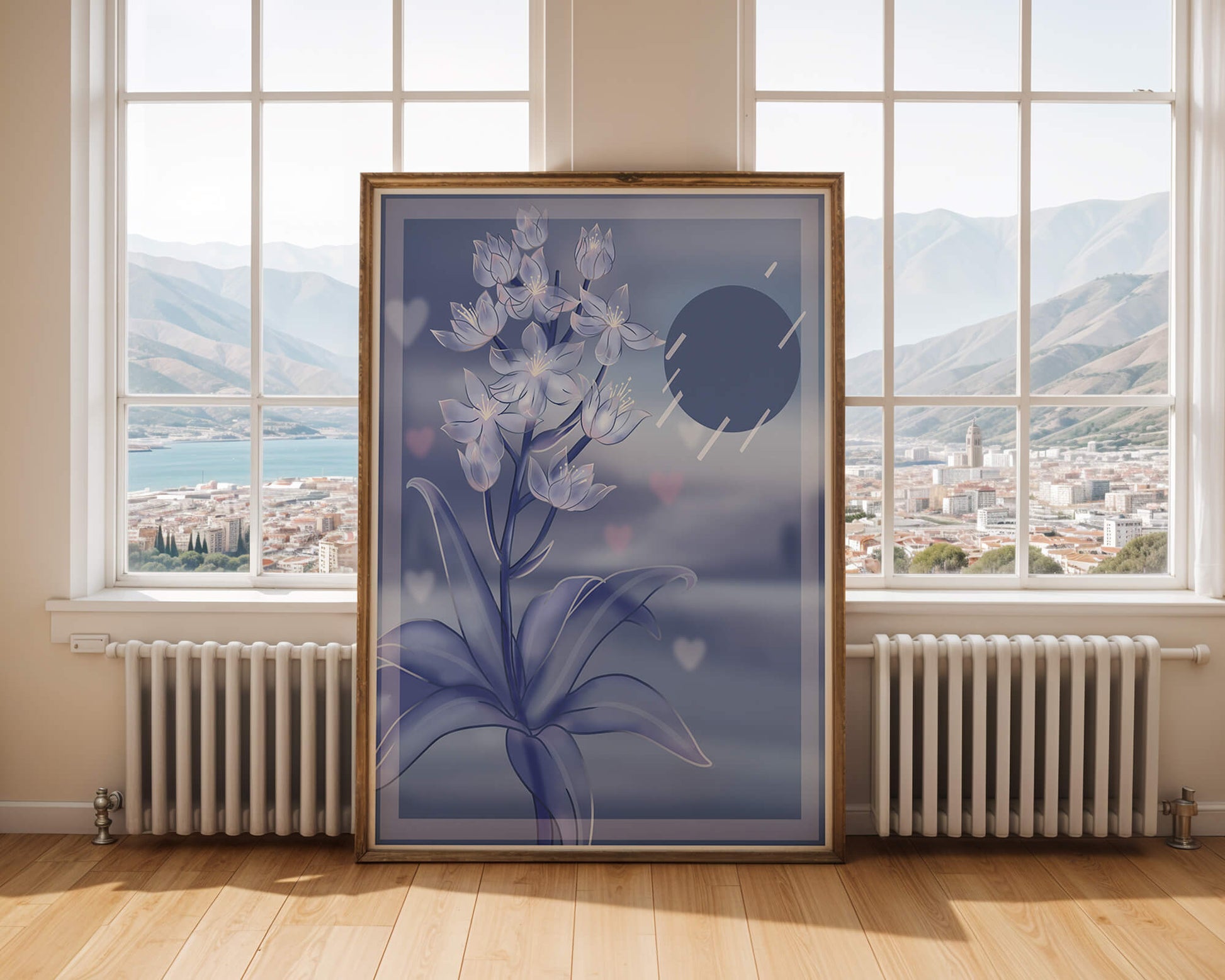 Delicate blue floral illustration with stylish geometric elements