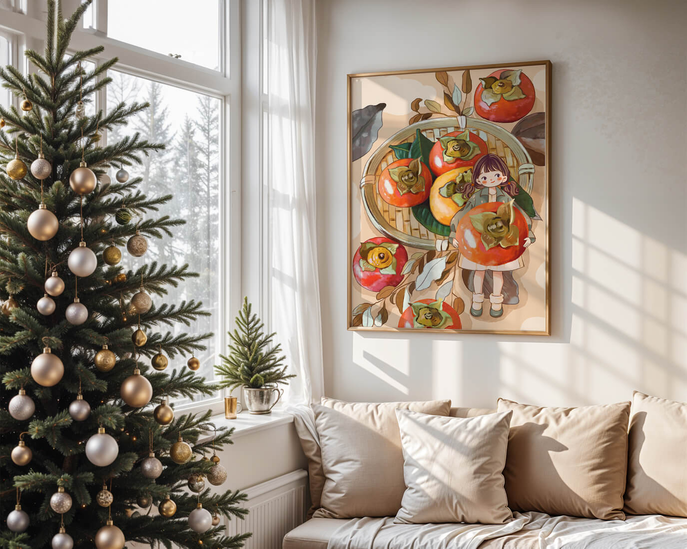 Joven sosteniendo un dátil en una escena de cosecha caprichosa