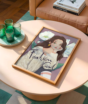 Illustrated fashion girl with floral background and purple theme