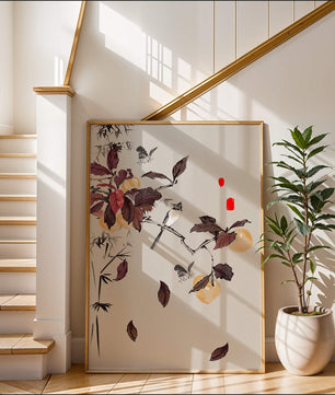 Elegant nature illustration featuring butterflies and birds on a branch