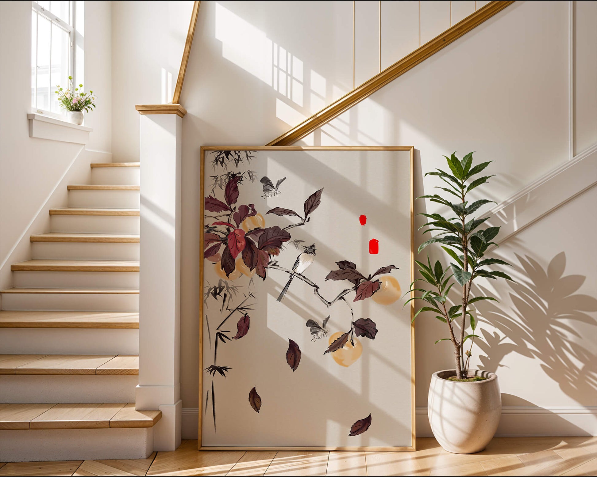 Elegant nature illustration featuring butterflies and birds on a branch