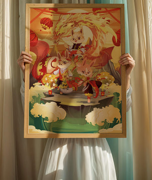 Fantastical scene with anthropomorphic animals and a dragon in a vibrant setting