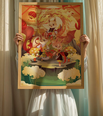 Fantastical scene with anthropomorphic animals and a dragon in a vibrant setting