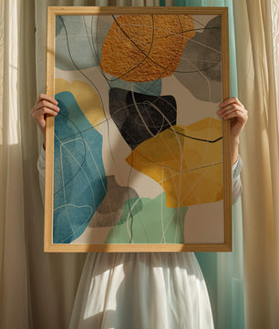 Abstrakte geometrische Kunst mit goldenen Akzenten und leuchtenden Farben