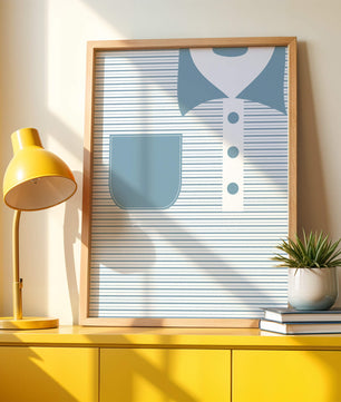 Minimalist artwork featuring striped pattern and abstract shapes