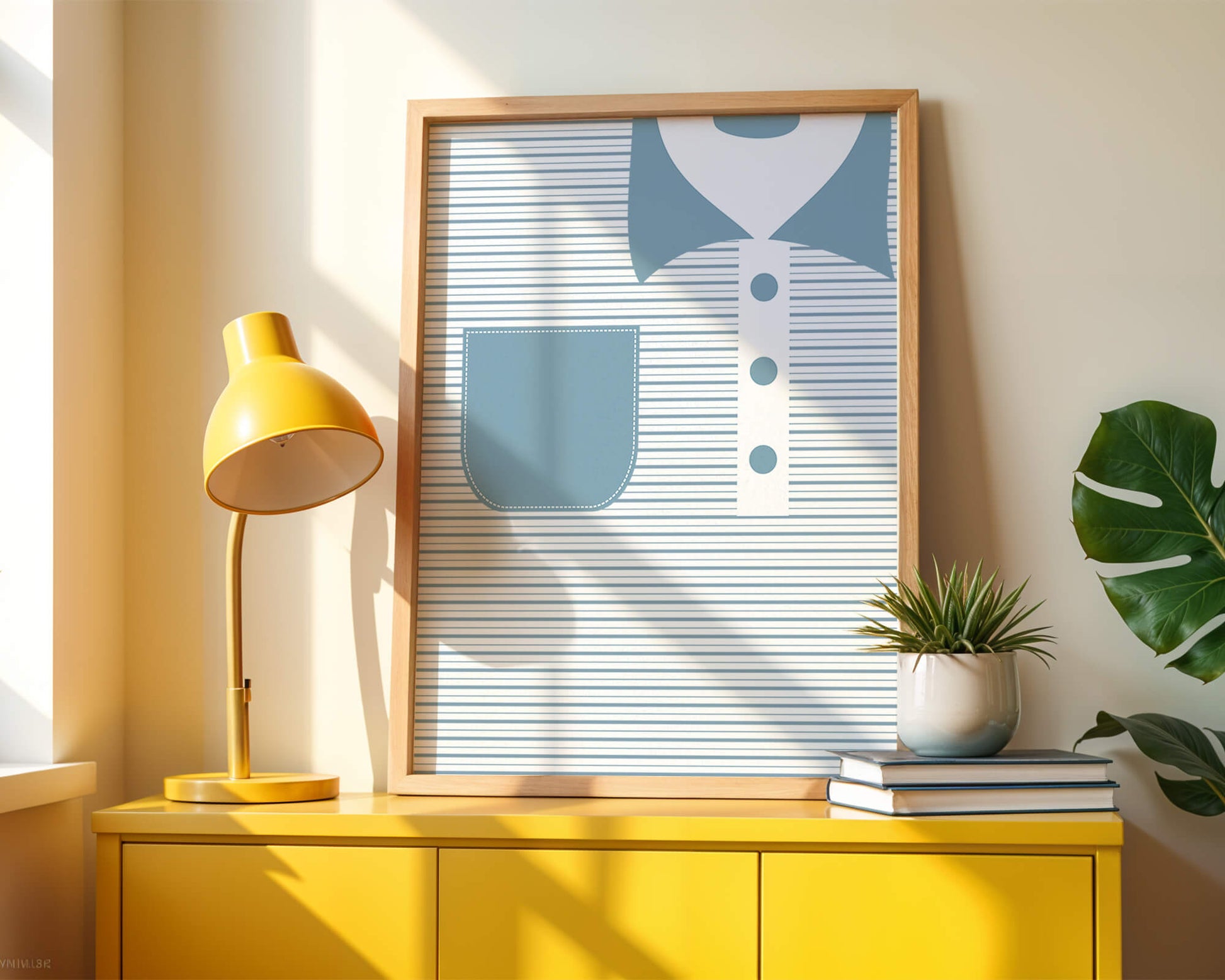 Minimalist artwork featuring striped pattern and abstract shapes