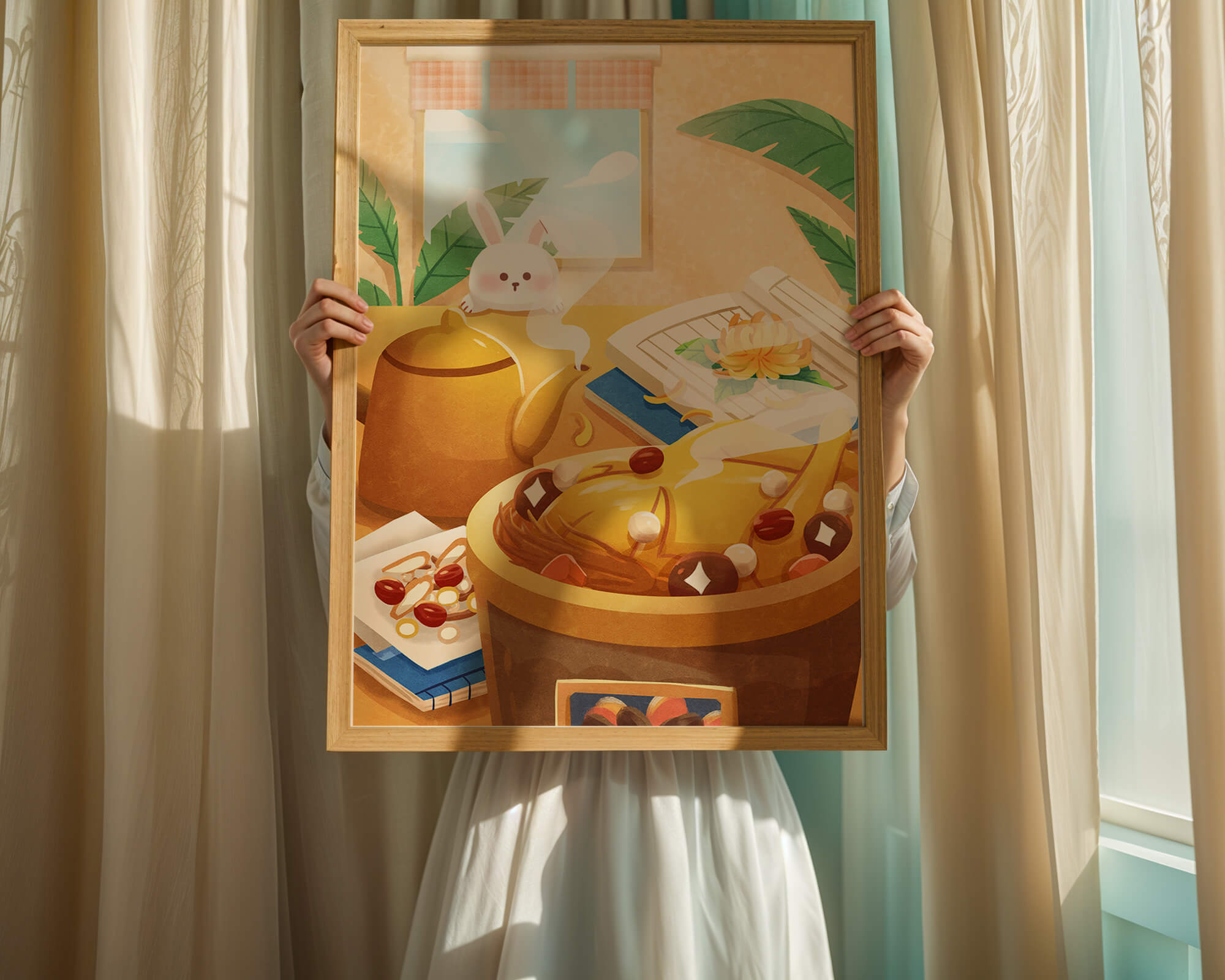 Cozy kitchen scene with cute bunny, teapot, and golden dessert