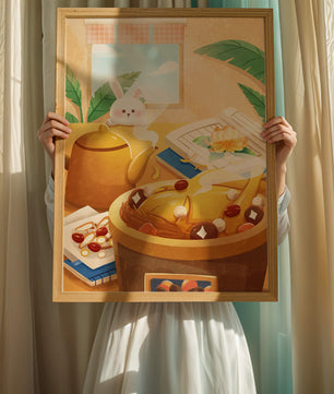 Cozy kitchen scene with cute bunny, teapot, and golden dessert