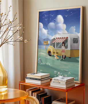 Girl with dog by camper van in serene nature setting