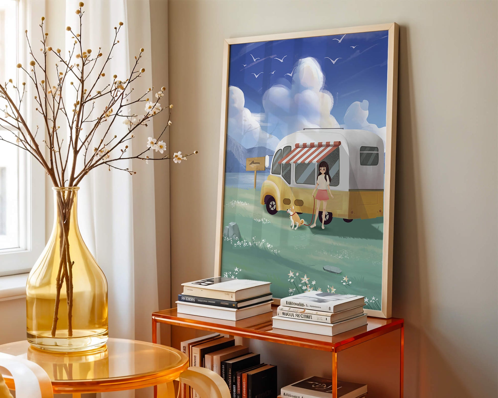 Girl with dog by camper van in serene nature setting