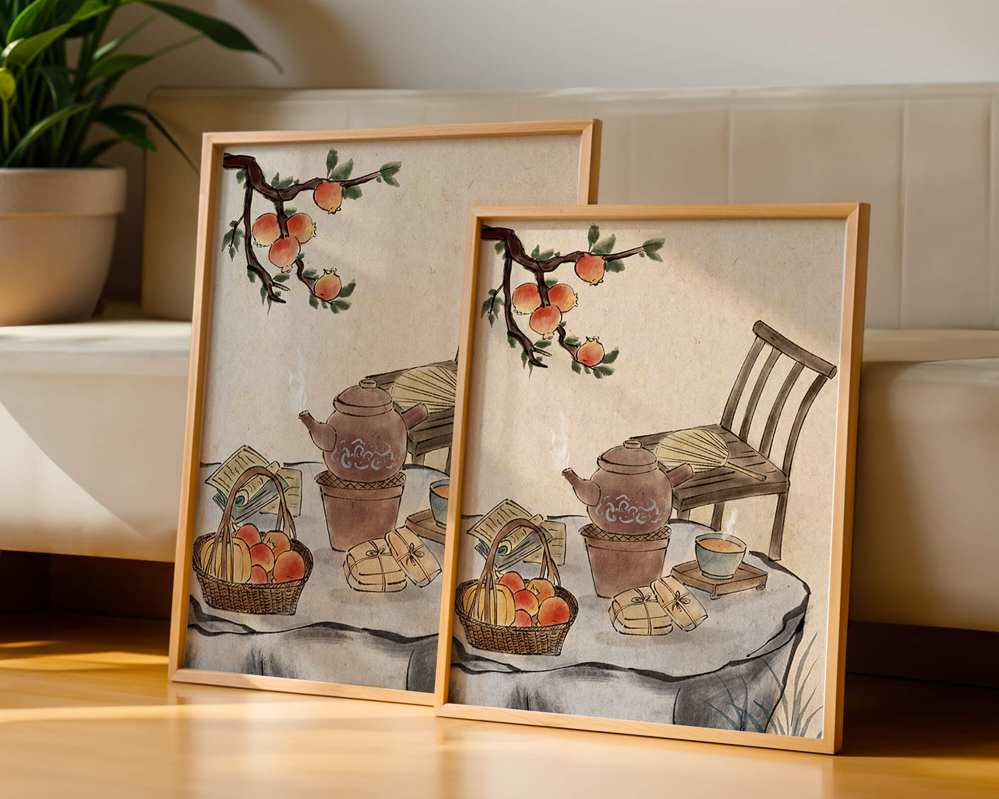 Watercolor painting of tea time setting with fruits and wooden chair