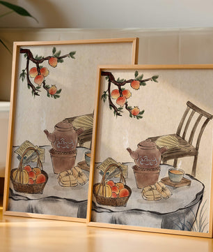 Peinture à l’aquarelle d’un moment de dégustation de thé avec des fruits et une chaise en bois