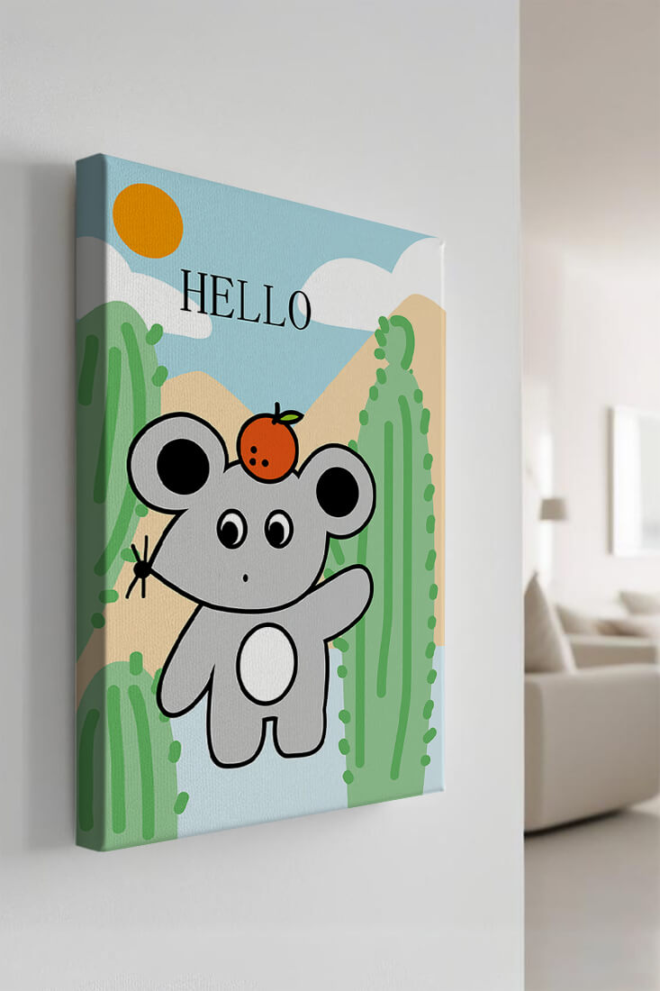 Cute illustration of a mouse with an orange on a sunny background