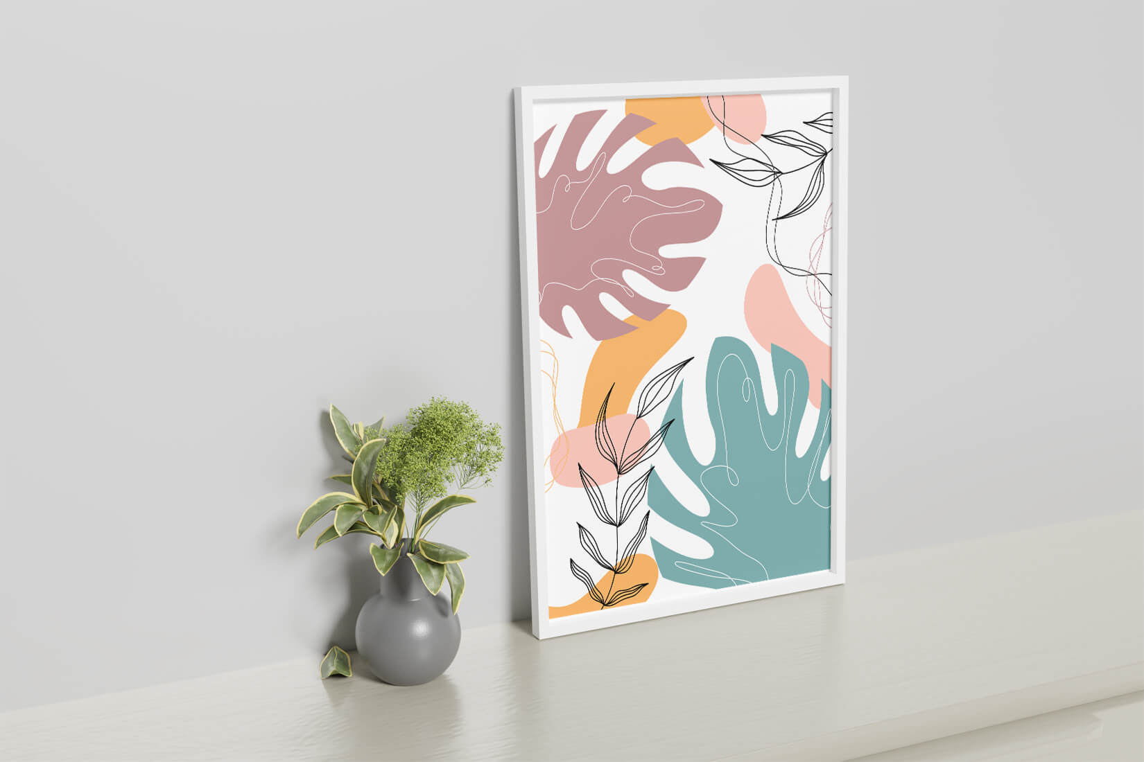 Abstract botanical illustration with colorful leaf patterns