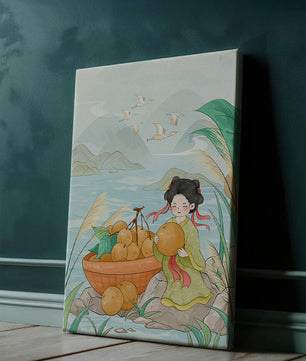 Paisaje sereno con una chica y una cesta de naranjas junto al agua