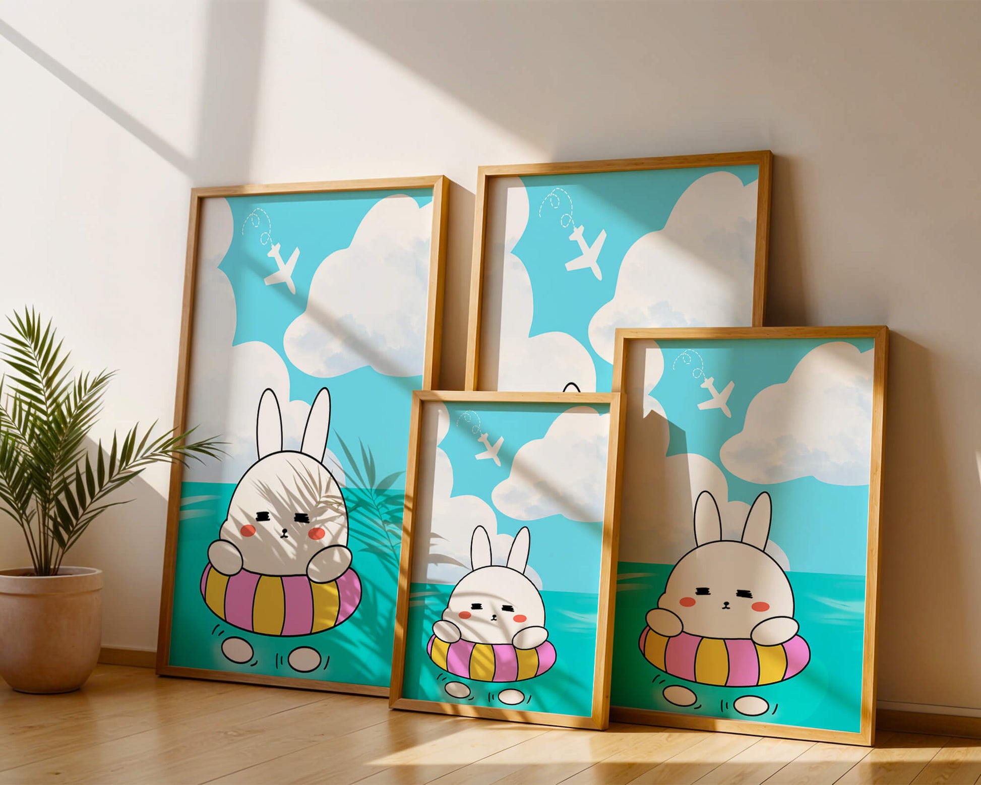 Illustration of a cute bunny floating on a colorful inflatable in a blue ocean under a bright sky with an airplane