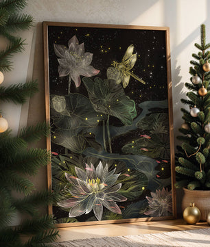 Lotus Flowers and Dragonfly in Nighttime Pond