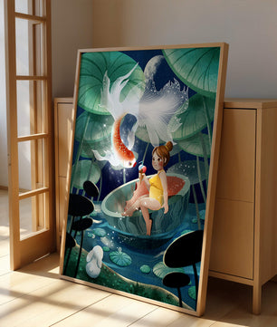 Illustration imaginative d'une fille avec un poisson et un lapin sous des nénuphars illuminés par la lune