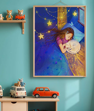Chica durmiendo con un gato bajo un cielo estrellado