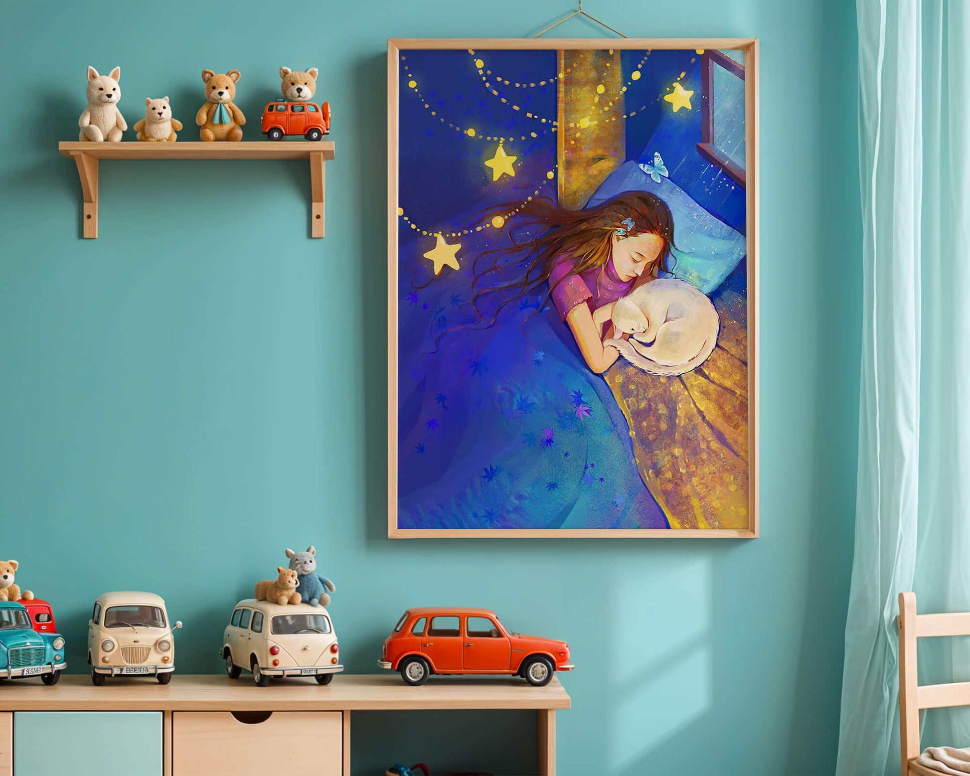 Girl sleeping with cat under starry night sky